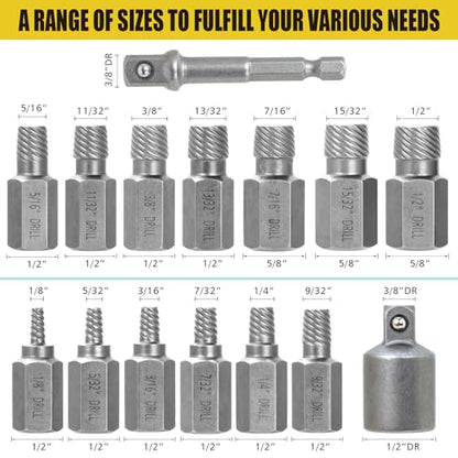 15 PCS Screw Extractor Set with 3/8" Inch Drive, Hex Head Multi-Spline Easy Out Allen Screw Extractor Kit Stripped Bolt Removal Tool for Removing Broken Rounded Rusted Bolts Screws Nuts(Yellow)