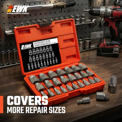 EWK 25-Piece Multi-Spline Screw Extractor Set, CR-MO Easy Out Bolt and Screw Remover for Stripped Screws, Rounded Bolts, Damaged Hex Heads, Broken Studs, and Rusted Fasteners - style: 25 Pcs Screw Extractor