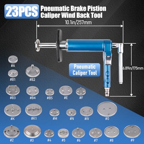 23PCS Pneumatic Brake Caliper Compression Tool Kit, Air Operated Brake Piston Wind Back Tool Set with Adapters for Brake Pad Replacement, Suitable for Automotive Maintenance and Repair