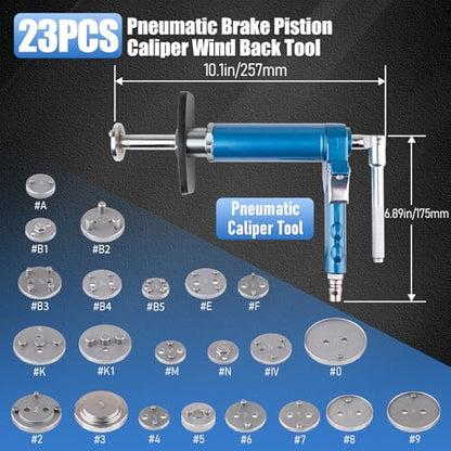 23PCS Pneumatic Brake Caliper Compression Tool Kit, Air Operated Brake Piston Wind Back Tool Set with Adapters for Brake Pad Replacement, Suitable for Automotive Maintenance and Repair