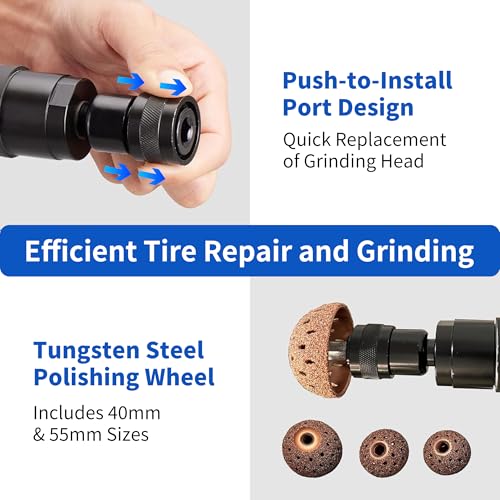 Air Tire Repair Polish Patch Kits-2500 RPM Low Speed Air Tire Buffer | Includes Tire Grinder Inner Liner Scraper, Tire Patch Roller and 3 Pcs Tungsten Steel Buffing Wheels 40mm 55mm