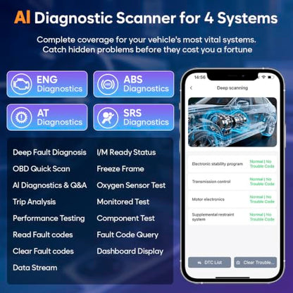 OBD2 Scanner Bluetooth Car Diagnostic Tool with 2026 AI Assistant | Bluetooth 5.1 for iphone/Android, No Subscription, ENG/AT/ABS/SRS Full System Code Reader, Vehicles 1996+ from 44 Brands