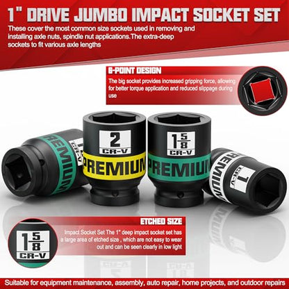 1" Drive Jumbo Impact Socket Set, SAE Axle Nut Sockets, 9-Piece (1-2 in.) Drive Deep Impact Socket Set, 6-Point, Cr-V Steel, Universal Hex Deep Socket Set with heavy Duty Storage Case - size: 1" 9pcs SAE