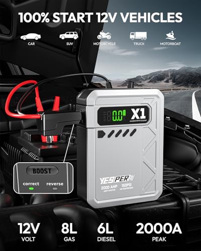 YESPER Jump Starter with Air Compressor 2000A 150PSI Battery Jumper Starter Portable(8L Gas/6L Diesel), 12V Car Jump Pack Battery Charger Jump Box with Jumper Cables, LCD Display, Lights(Grey) - color: Grey