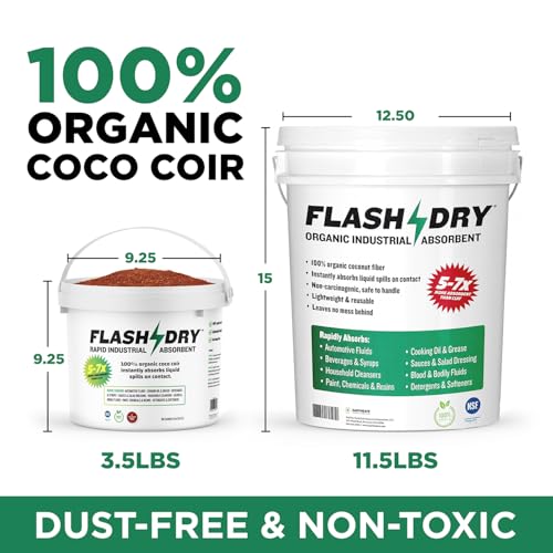 FlashDry Super Spill Absorbent, 5 Gallon Bucket, 100% Organic Coco Coir, Landfill Safe, OSHA Approved, Ideal for Absorbing Oil, Paint, Grease in Garages, Kitchens, Janitor Kits - size: 5 Gallon