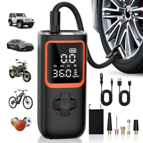 KOLTGOO Tire Inflator Portable Air Compressor - 150PSI Cordless Air Pump for Car Tires with Pressure Gauge & LED Light, 3X Faster Inflation Electric Air Compressor for Car Bikes, Motorcycle, Ball - color: orange