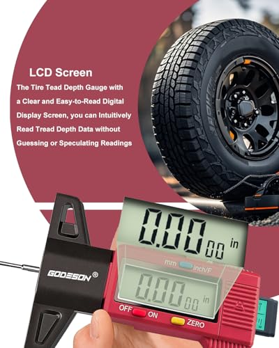 GODESON Tire Tread Depth Gauge, Digital Tire Thread Depth Gauge with 3 Modes-32NDS, 1 Inch and 25.4MM, Large Screen & Color Scale Code Easy to Read,Suitable for Motors, Cars, SUV (Red) - color: Red