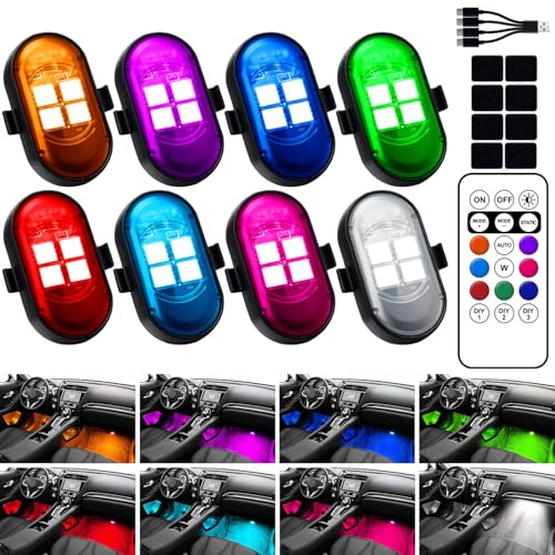 Upgraded Wireless LED Lights for Car, Rechargeable Interior Car Lights with 8 Colors Brightness Adjustable, 12H Battery Life, Remote Control, Mini Strobe Lights for Vehicle Motorcycle Bike Decor - size: 8pcs