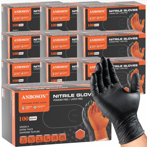 ANBOSON 10 Mil Heavy Duty Mechanic Nitrile Gloves, Black Large 1000 Count | Diamond Grip, Latex Free Disposable Chemical Resistant Rubber Gloves for Industrial,Workshops, Auto Repair,Janitorial,Food - color: Black-1000, size: Large