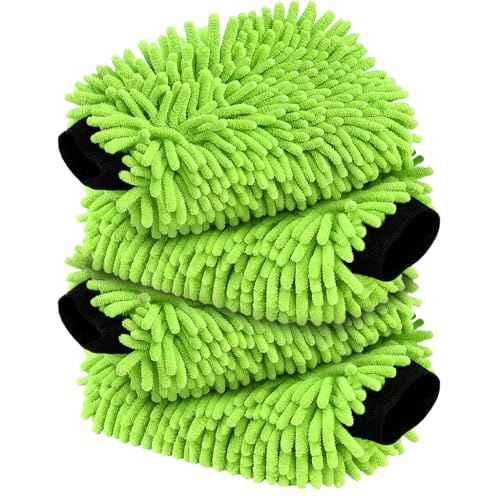 4 Pack Car Wash Mitt Microfiber, Premium Chenille Microfiber Wash Car Mitts Sponge Scratch Free & Lint-Free, Microfiber Wash Mitts Waterproof Lining Green (8''X12'') - size: XCST_8X12IN_FG_4PCS