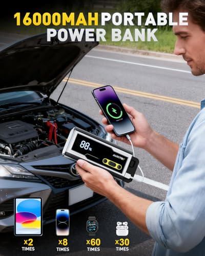 AUXITO Jump Starter 8000A Portable Car Battery Jump Starter with Large LCD Display Jump Cable with Smart Clamps Power Bank Emergency Flashlight for Cars Heavy Duty Jumper Box for Car Battery - size: T4-8000A