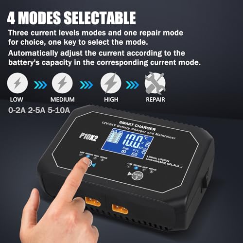 2-Bank 20A(10A/Bank) Car Battery Charger, 12V 24V Automatic Automotive Charger, Battery Maintainer, Trickle Charger for Car, Motorcycle, Marine, Boat, Lead-Acid, Lithium, LiFePo4 Battery