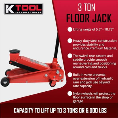 K Tool International 63131B 3 Ton Automotive Service Floor Jack for Garages, Repair Shops, and DIY, Portable, Compact, 6,000 lbs. Capacity, Hydraulic Lifting Range 5.5" - 8.75", Heavy Duty Steel, Red