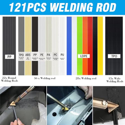 100W Plastic Welding Kit 2 in 1 with 121pcs Rods | Professional Surface Repair Tool for Car Bumper with 4 Welding Tips, Patch Net,Hot Iron Stand,Wire Brush,Metal Stand