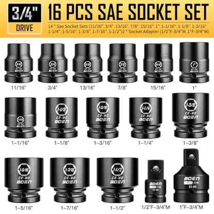 boen 3/4" Drive SAE Standard Socket Set, 11/16" - 1-1/2" Large Impact Sockets, 6-Point CR-MO Steel, Rugged Construction,16PCS with a Storage Case, for Large Vehicle and Machinery Maintenance - size: 11/16”-1-1/2"