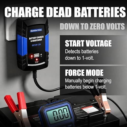 Smart Car Battery Charger,1.5A 6V/12V Maintainer,Automatic Tender Trickle Charger with Memory Function,LED Light,12FT Cables for Vehicle Lead-Acid & Lithium Batteries (Blue) - color: Blue