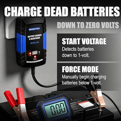 Smart Car Battery Charger,1.5A 6V/12V Maintainer,Automatic Tender Trickle Charger with Memory Function,LED Light,12FT Cables for Vehicle Lead-Acid & Lithium Batteries (Blue) - color: Blue