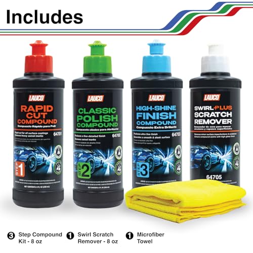LAUCO Paint Correction Compounds Step 1, 2, 3, Swirl Remover 8oz Kits, with a Towel, Silicone-Free, Clear Coat Safe Scratch Remover, Swirl Correction & High Gloss Finishing - style: Combo–8oz