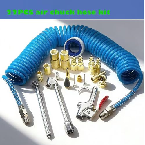 22PCS Air Compressor Accessories Kit, 25FT Hose with Air Blow Gun, Tire Inflator, Tire Gauge, Universal 1/4" NPT Kit for Air Tools