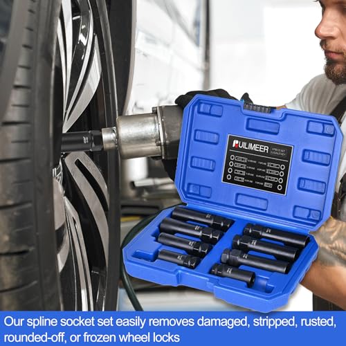 Spline Lug Nut Socket Set - 8 Pieces | Locking Lug Nut Removal Tool Kit, SAE & Metric Wheel Lock Removal Kit for Removal of Aftermarket Spline Drive Wheel Lug Nuts - size: 8 Pieces