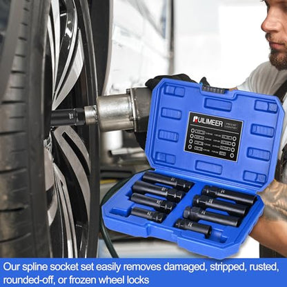 Spline Lug Nut Socket Set - 8 Pieces | Locking Lug Nut Removal Tool Kit, SAE & Metric Wheel Lock Removal Kit for Removal of Aftermarket Spline Drive Wheel Lug Nuts - size: 8 Pieces