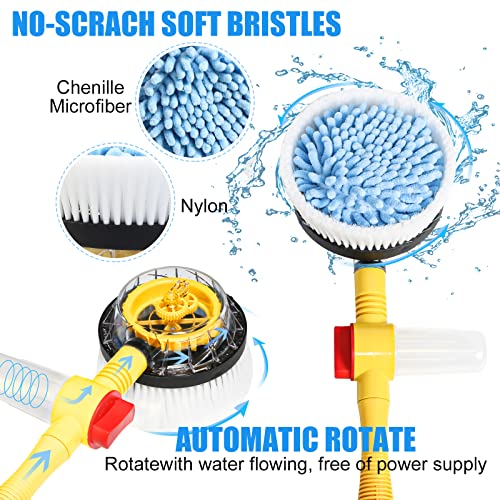 Rotating Car Wash Brush, Car Wash Brush with Long Handle,Automatically Foams Car Wash Kit with Car Cleaning Brush,Pressure Washer Gun and Hose Nozzle for Cars,Yards,Gardens,Pets etc