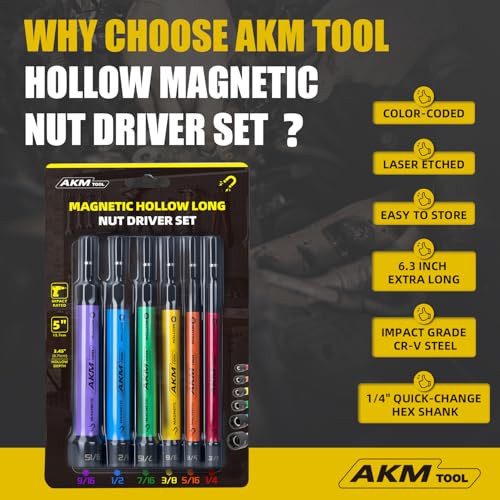 6 PCS Hollow Nut Driver Set, Magnetic nut driver set, Hollow Shaft Nut Driver Set, SAE, Color Coded, Hex Sizes, 1/4 to 9/16-Inch, Nut Setter, Hollow Nut Driver with 5-Inch Extended Reach - size: 6 PCS Hollow Magnetic Nut Driver Set
