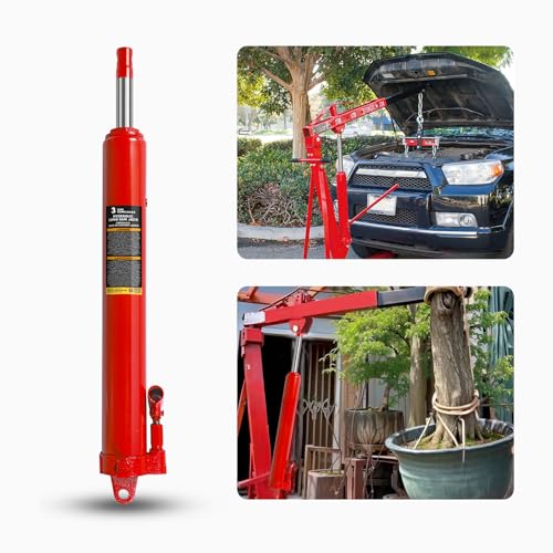 Big RED AQD3TR Hydraulic Long Ram Jack 3 Ton Heavy Duty Engine Hoist Cylinder with Clevis Base & Single Piston Pump - Professional Hydraulic Ram Cylinder for Garage Repair, Auto Shop, Farm Equipment - style: 3 Ton/NEW VERSION