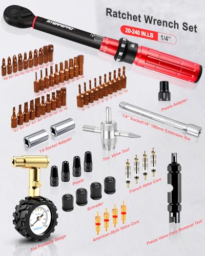 ATsafepro Bike Torque Wrench Set, 1/4 Torque Wrench 20-240 inch-pounds with ±3% Accuracy, 72T Dual Ratchet, Tire Pressure Gauge, Valve Core Tool, Bit Socket Set, for Bicycle & Car Maintenance