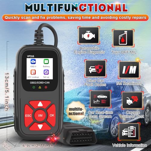 OBD2 Diagnostic Tool for All Vehicles from 1996 Onwards, Read & Solve Error Codes + Live Data Directly on the Display, Compatible with BMW, VW, Audi, Mercedes, CE Certified & Plug & Play - color: VP316
