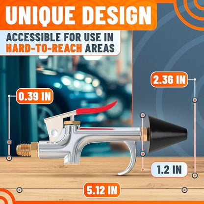 Air Nozzle Blow Gun for Compressor, 1/4 In Stainless Steel HVAC Tool | Blows Dust from Tight Spaces with Compressed Air - Rust-Resistant Brass Thread, Rubber Tip, Thumb Lever | Adjustable Pressure