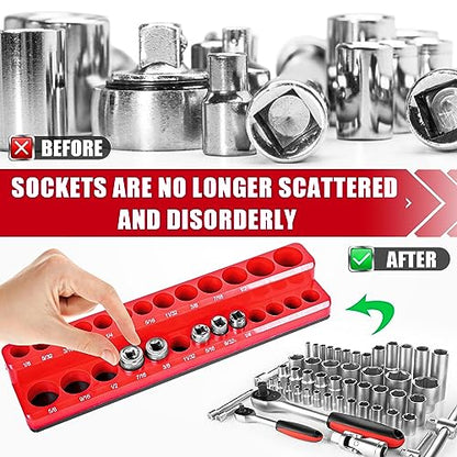 2-Piece Magnetic Socket Holder - 1/4 Inch Drive Metric SAE Socket Trays Tool Storage Set - Holds 52 Sockets for Tool Box Drawer