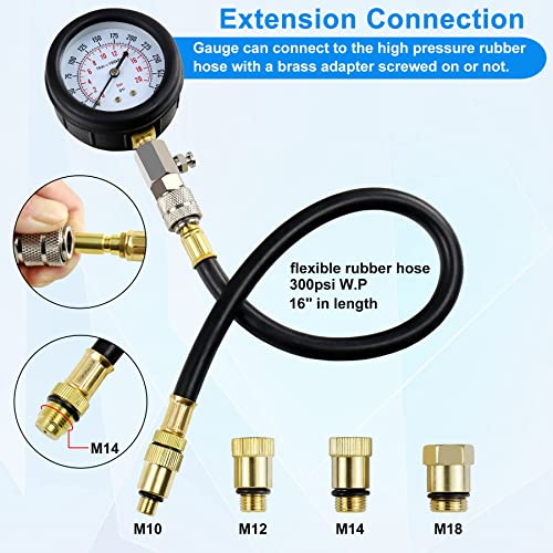 JoyFans 0-300 PSI Compression Tester Automotive Tool, Petrol Gas Engine Cylinder Pressure Test Kit with Gauge Adapter M10 M12 M14 M18 for Small Engine Cars Motorcycles Trucks SUVs Red - color: Red