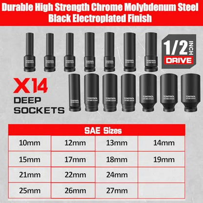 TONYNOL 1/2 Inch Deep Drive Impact Socket Set,12-Point,Metric (10mm-32mm),14 Pcs,Cr-Mo Steel,With a Storage Case - size: 1/2" 14PC Deep Metric (10-32mm), style: 12-Points