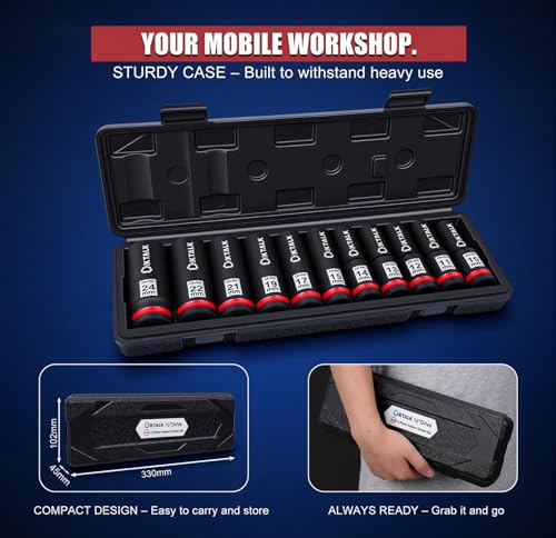 11PCS 1/2 Inch Drive Impact Deep Socket Set Metric 10-24mm, 6-Point, CR-MO | Deep Well Socket Set for Impact Wrench, Heavy Duty Automotive & Machinery Repair - size: 11PCS Metric