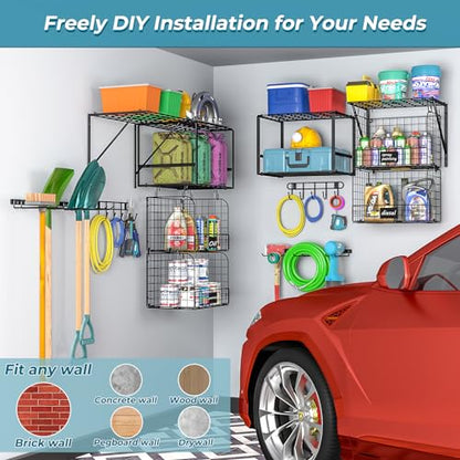 ThreeHio Garage Shelf Wall Mounted with Wire baskets, Heavy Duty Garage Wall Shelving with Garden Tool Rack and Hooks, Wire Shelf Baskets Tool Organizer for Home Garden Yard Organization and Storage