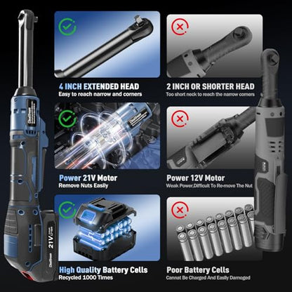 CloudDream 3/8" Cordless Electric Ratchet Wrench,45Ft-lbs(60N.m) Extended Ratchet Set with 2x 2.0Ah Batteries, Variable Speed Power Driver, 6 Sockets, 1/4" Adaptor & 3" Extension Bar