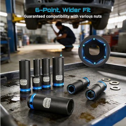 SEESII 1/2" Impact Socket Set Deep with Magnetic Rail, 11pc Metric 10-24mm, 6-Point, Lug Nut Removal, Heavy Duty Automotive Set for Trucks SUVs Import Vehicles