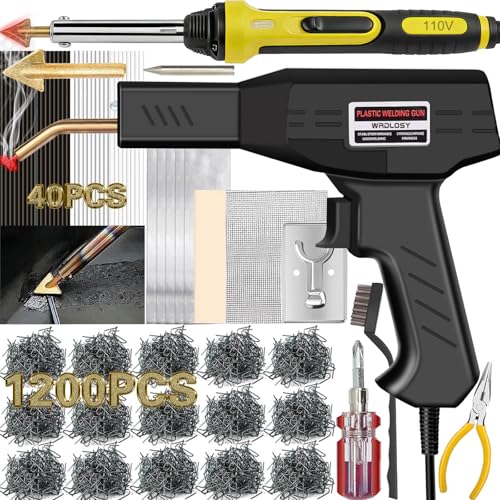 220W Plastic Welder, 1200PCS Staples 40PCS Rods Plastic Welding Kit, 5 in 1 Welding Tips Tape Sandpaper Wire Mesh Stand Metal Brush Screwdriver Welder Kit Bumper Repair Kit (Yellow) - color: Yellow