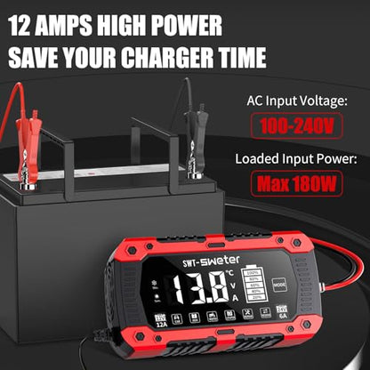 12A Smart Car Battery Charger, 12V/24V Automatic Battery Maintainer & Desulfator - Compatible with LiFePO4 Lithium, AGM, Gel, SLA, Lead-Acid for Truck, Motorcycle, Lawn Mower, Boat