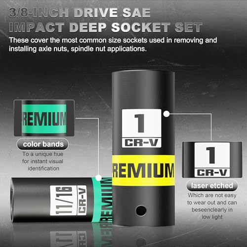 12-Piece 3/8-Inch Drive SAE Impact Deep Socket Set, 5/16 to 1 inch, CR-V, 6 Point, Heavy-Duty Sockets for Impact Wrenches, Automotive and Home - size: 3/8" 12pcs SAE