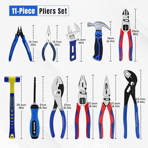 KAIHAOWIN 11-Piece Home Tool Kit with Carry Case - CR-V Steel Pliers Set, Wrench, Hammer, Screwdriver & Wire Cutter for DIY Repair, Automotive, Plumbing & Household Maintenance - color: 11 Piece