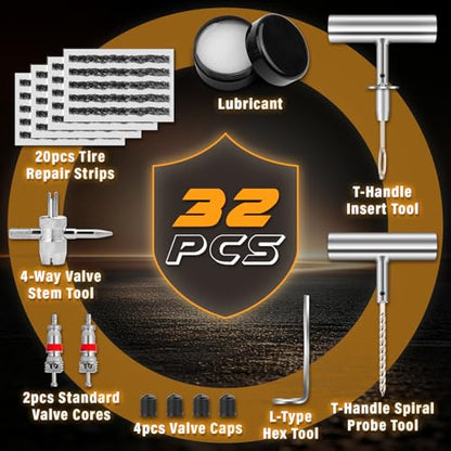 Flat Tire Repair Kit, Tubeless Tire Repair Kit, 32 PCS Car Tire Patch Kit for Cars, Motorcycles, ATVs, Tractors, Lawn Mowers, RVs, Jeeps, Trucks, SUVs and Trailers
