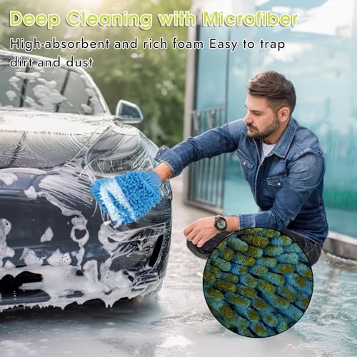 3 Pack Chenille Microfiber Car Wash Mitt, 7" x 9.6", Blue | Car Washing Mitts, Home Dusting Gloves, Scratch Free Lint-Free, Highly Absorbent, Double Sided, for Cleaning Detailing Polish - color: Blue