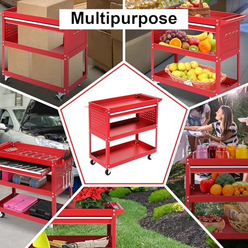 Winado 3 Tier Steel Utility Tool Cart with Drawer & Pegboard, Red | 330 lbs Capacity Rolling Service Cart with Lockable Wheels, Heavy Duty Garage Workshop Tool Storage for Warehouse, Factory