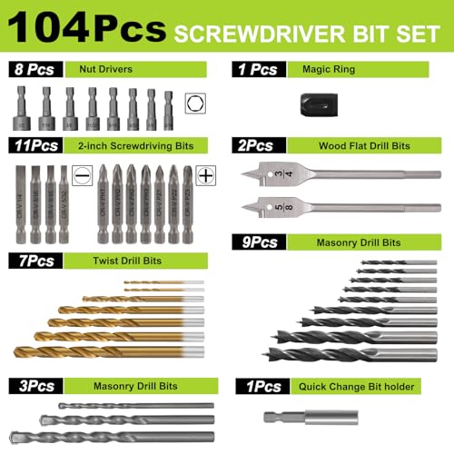 Drill Bit Set, 104 Pcs Screwdriver Bits for Cordless Drill, Screwdriver Drill Bits Set Combo Kit for Wood, Metal Masonry Cement, Storage Case - size: 104 Pieces