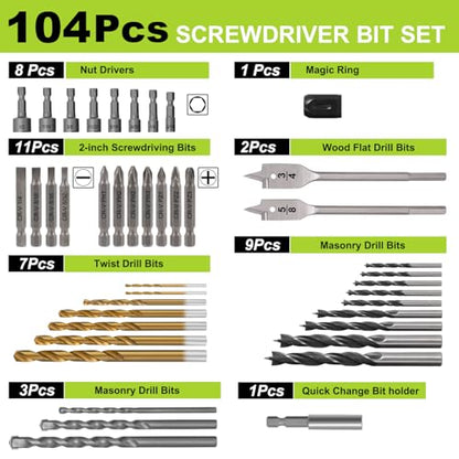 Drill Bit Set, 104 Pcs Screwdriver Bits for Cordless Drill, Screwdriver Drill Bits Set Combo Kit for Wood, Metal Masonry Cement, Storage Case - size: 104 Pieces