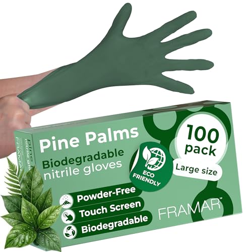 FRAMAR Biodegradable Green Gloves Latex Free Large – Disposable Nitrile Gloves Large, Cleaning Rubber Glove Disposable, Non Latex Hair Dye Glove 100 Pk - size: Large