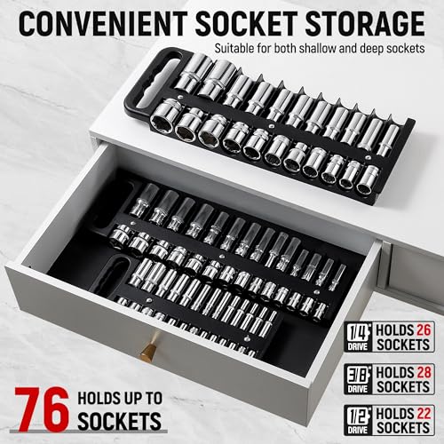 Reniteco Magnetic Socket Organizer Set, 3-Pack, 1/4" 3/8" 1/2" Socket Tray | 76-Socket Capacity, 1/4" 22 Pallets, 3/8" 28 Pallets, 1/2" 26 Pallets, Fits Shallow & Deep Sockets, Sockets Not Included - color: Black