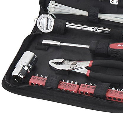 Apollo Tools 56 Piece Compact Metric Auto Tool Set in Zippered Case, Small Mechanic Tool Set for Car Emergency, Motorcycle Repair on the Road, Great for Travel Tool Needs - Red - DT9775 - style: Metric (Automotive)